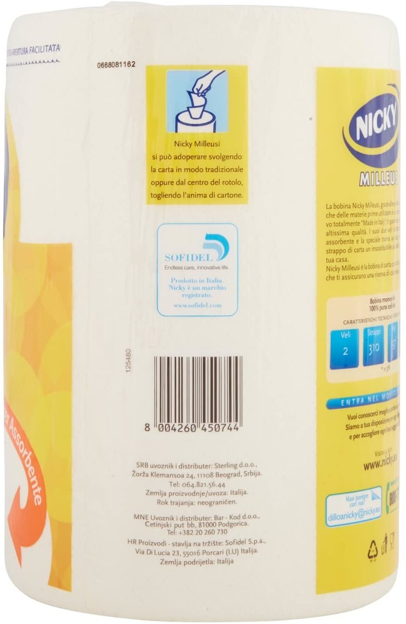 NICKY PAPER TOWELS MILLEUSI 2 PLY 1 ROLL 310 TEARS NICKY PAPER TOWELS MILLEUSI 2 PLY 1 ROLL 310 TEARS