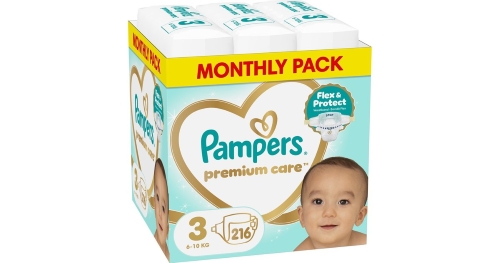PAMPERS MONTHLY PACK PREMIUM 3 - 216 NAPPIES